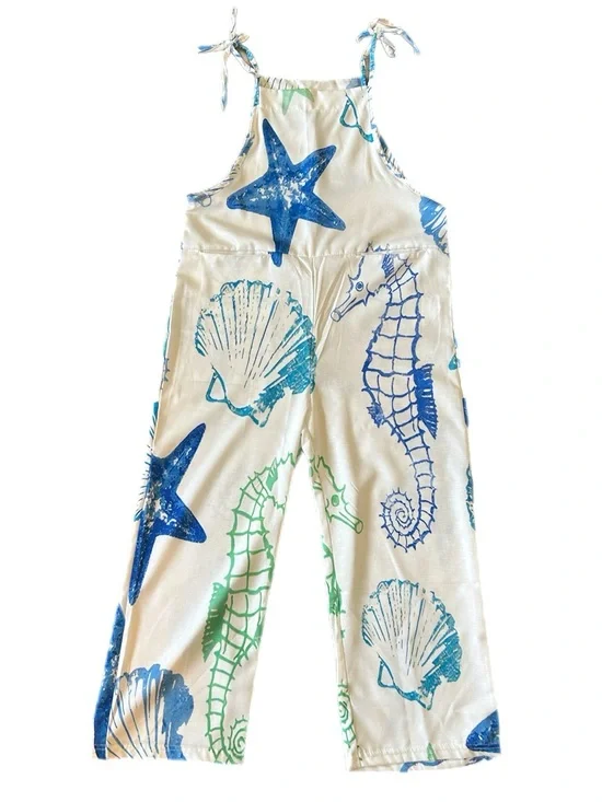 Women’s White Seashell & Seahorse Print Jumpsuit with Tie Straps - Picture 1 of 3